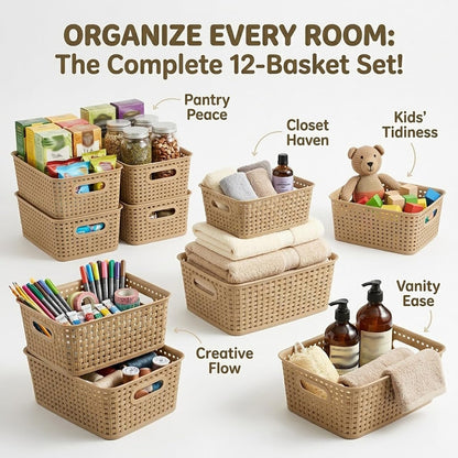 Khaki Stackable Storage Baskets, Plastic Weave Basket Organizer and Storage Set of 12, Pantry Organizing Baskets for Shelves, Kitchens, Bathrooms, Classrooms, Cabinets and Bedrooms