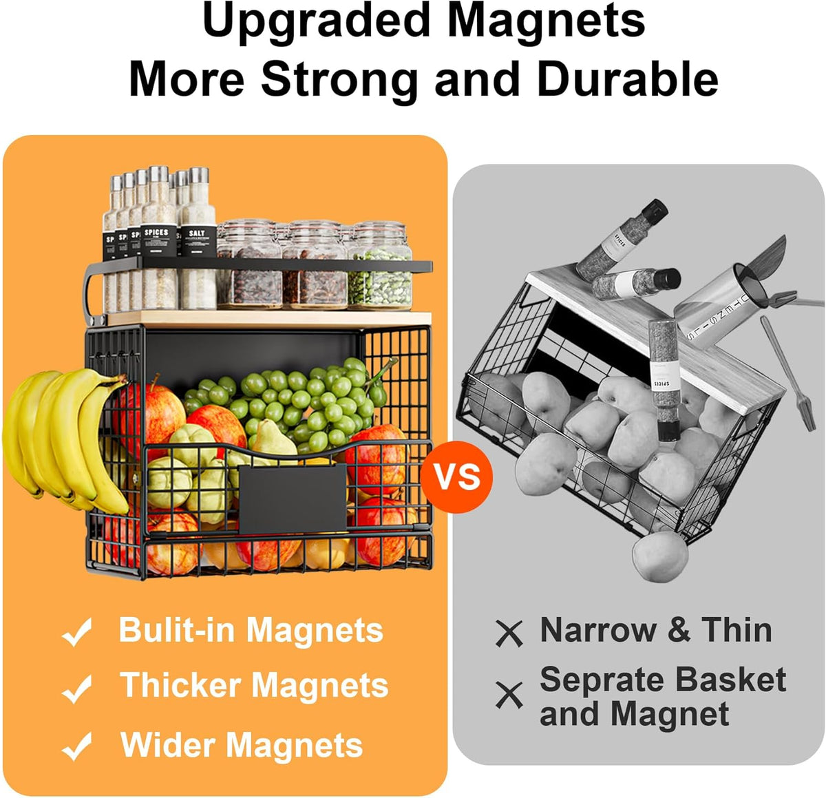 Magnetic Shelf for Fridge,Hanging Wall Basket for Potato Onion Fruit and Vegetable Storage Bins,Large Produce Container Magnetic Spice Rack for Refrigerator Kitchen Counter Pantry,Black