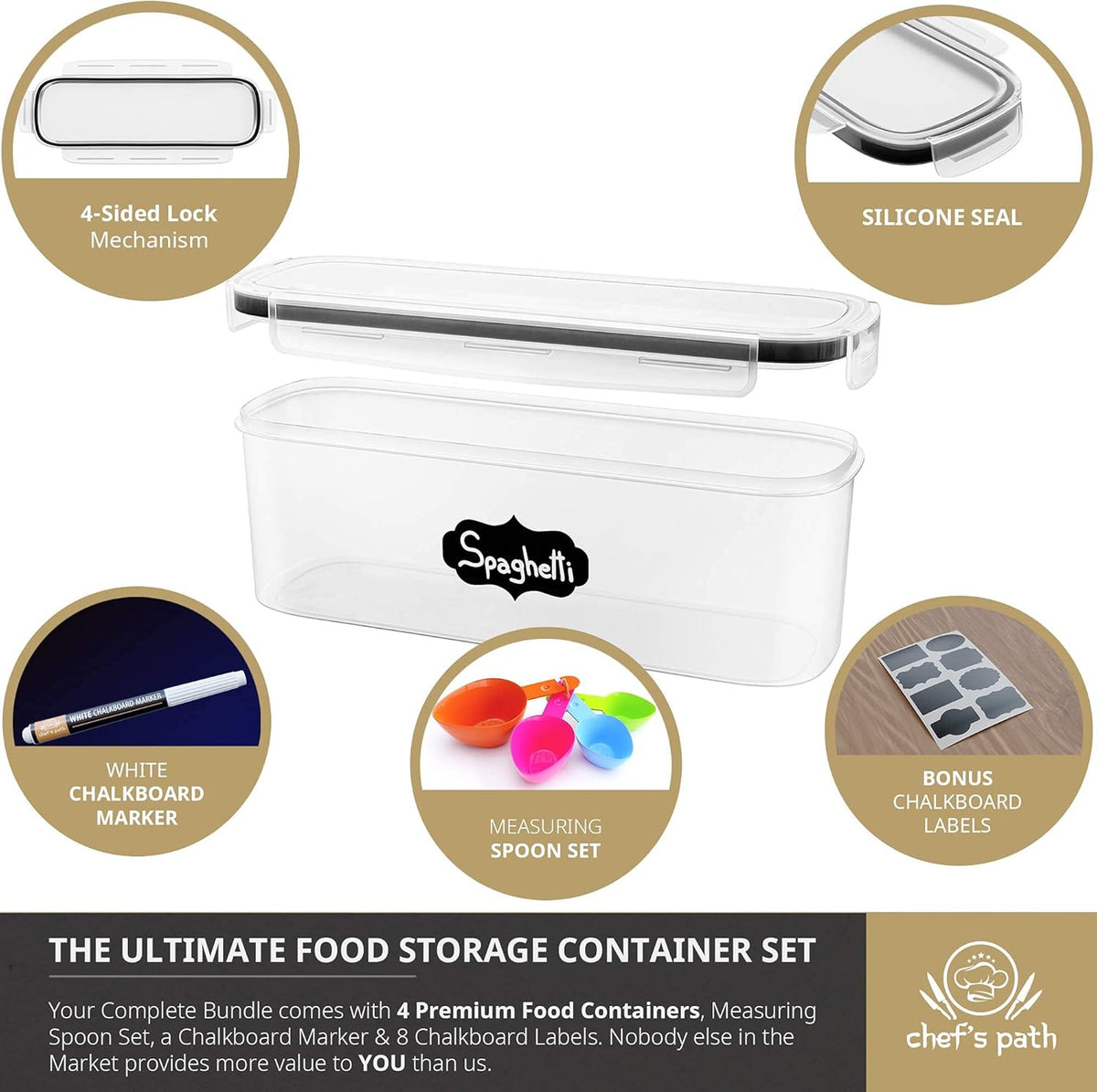 Chef's Path Airtight Food Storage Containers with Lids (Set of 4/3.6 Liters Each), Plastic Spaghetti Container for Pasta & Dry Food Storage, BPA Free Pantry Organizer Set with Kitchen Accessories