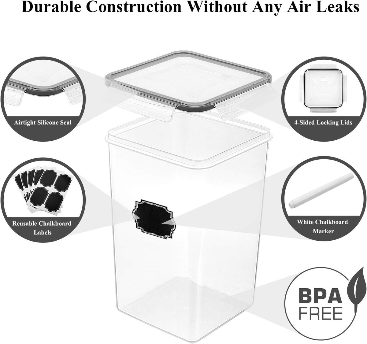 Wildone Large Food Storage Containers 5.2L /175oz, 4 Piece BPA Free Plastic Airtight Food Storage Containers for Flour, Sugar, Baking Supplies, Kitchen & Pantry Containers with 20 Labels