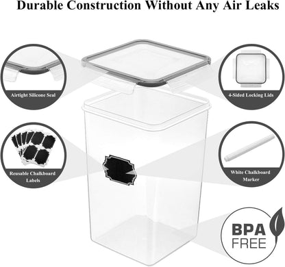 Wildone Large Food Storage Containers 5.2L /175oz, 4 Piece BPA Free Plastic Airtight Food Storage Containers for Flour, Sugar, Baking Supplies, Kitchen & Pantry Containers with 20 Labels