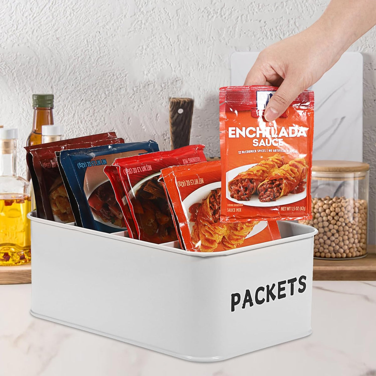 BSTKEY Seasoning Packet Organizer, Food Storage Organizer with Divided 4 Compartments, Metal Storage Caddy for Kitchen Pantry Cabinet, Kitchen Organization Bin for Snacks Spice Packets, Black