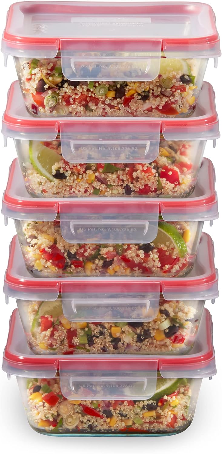 Pyrex Freshlock (4 Cup) Glass Food Storage Containers Set, Airtight & Leakproof Plastic Locking Lids BPA-Free, Meal Prep Containers Set, Freezer Dishwasher Microwave Safe