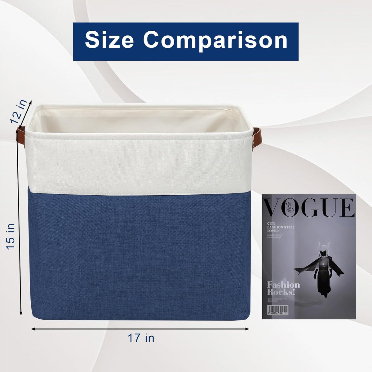 Bagnizer Large Fabric Storage Baskets | 50L Storage Bins, Decorative Linen Closet Baskets with Handles for Organizing, Shelf, Toys, Clothes, Home, Office, Nursery, 17x12x15Inches (Grey&White)