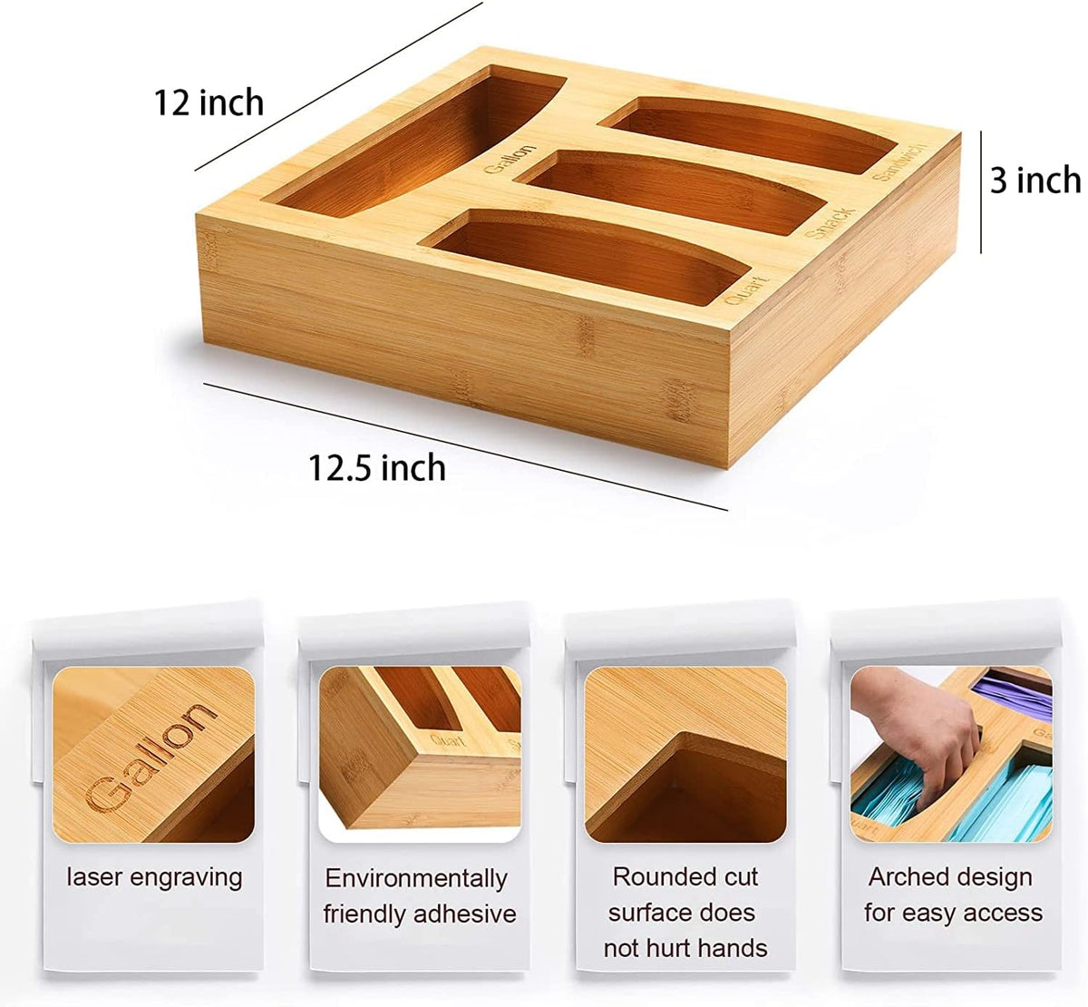 Bamboo Food Bag Storage Organizer for Kitchen Drawer, Baggie Holder for Solimo, Glad, Hefty Gallon, Quart, Sandwich and Snack Variety Size Bags (1 Box 4 Slots)