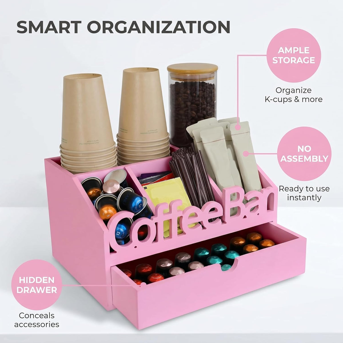 Coffee Bar Organizer for Countertop – Wooden Coffee Caddy with Compartments for Pods, Sugar Packets, and Accessories – Coffee Condiment Station Storage for Home and Office (Black)