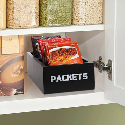 BSTKEY Seasoning Packet Organizer, Food Packet Storage Organizer with 4 Compartments, Wooden Storage Caddy for Kitchen Pantry Cabinet, Farmhouse Kitchen Organization Bin for Snacks Spice Packets