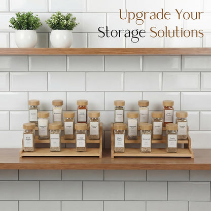 Spice Rack Organizer for Cabinet, 18in Bamboo Tiered Spice Rack，Used for Kitchen Countertops and Food Storage Room Organizer，Specially Designed for Jars and Spice Bottles(Bamboo, L)