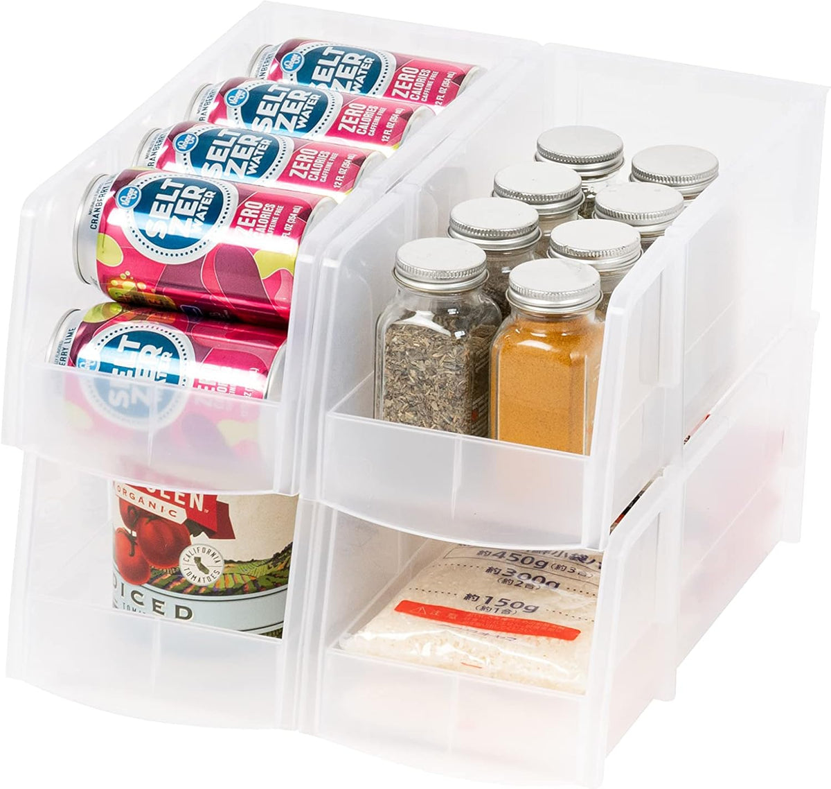 IRIS USA Clear Plastic Stackable Storage Bins, Large-, Open Front Fridge Pantry Kitchen Closet Cabinet Bathroom Organizer Basket for Organizing Snack, Cans, Office Supplies, and Coffee Pods