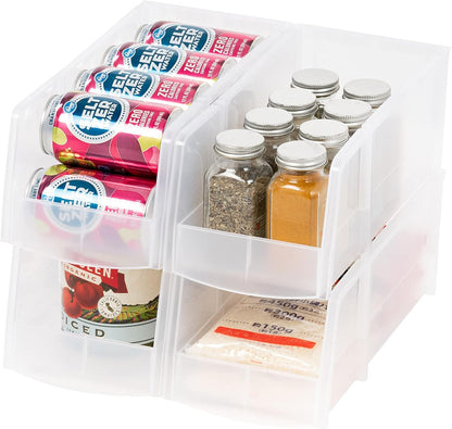 IRIS USA Clear Plastic Stackable Storage Bins, Large-, Open Front Fridge Pantry Kitchen Closet Cabinet Bathroom Organizer Basket for Organizing Snack, Cans, Office Supplies, and Coffee Pods