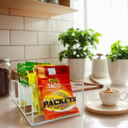 Seasoning Packet Organizer - Acrylic Packet Organizer Pantry for Sauces Spice Condiment Snack Packets with 4 Compartments, Clear Storage Caddy for Cabinet and Countertop.