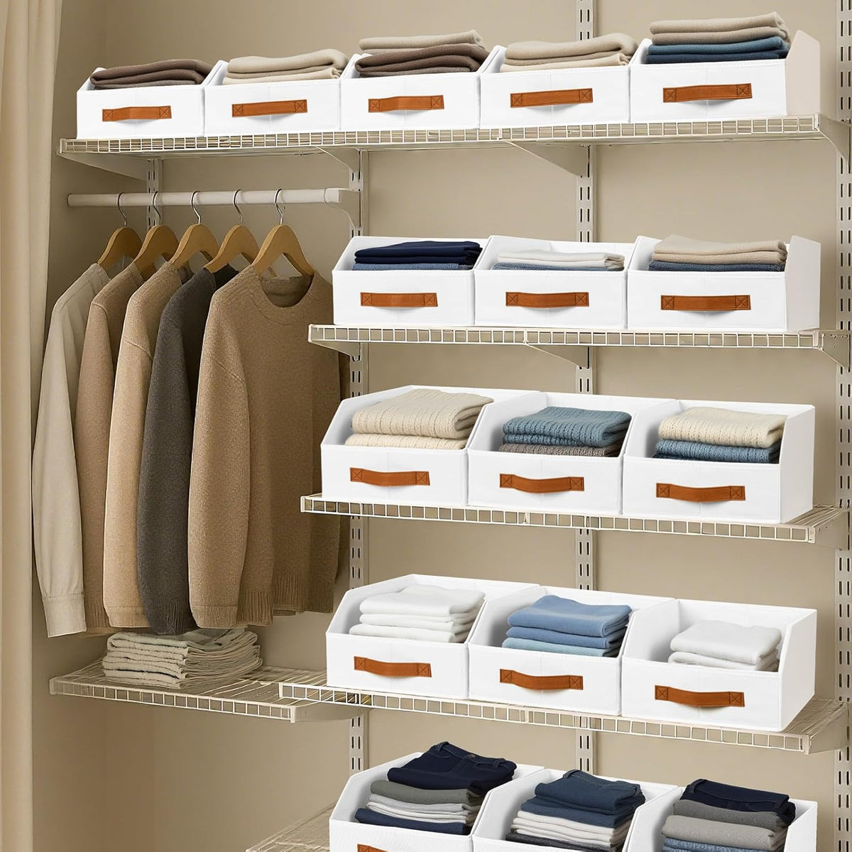 Homsorout Fabric Storage Bins for Organizing - Large Trapezoid Collapsible Storage Bins with Front Handle, Closet Organizers and Storage for Bedroom, Home Shelves, Small Spaces, Beige