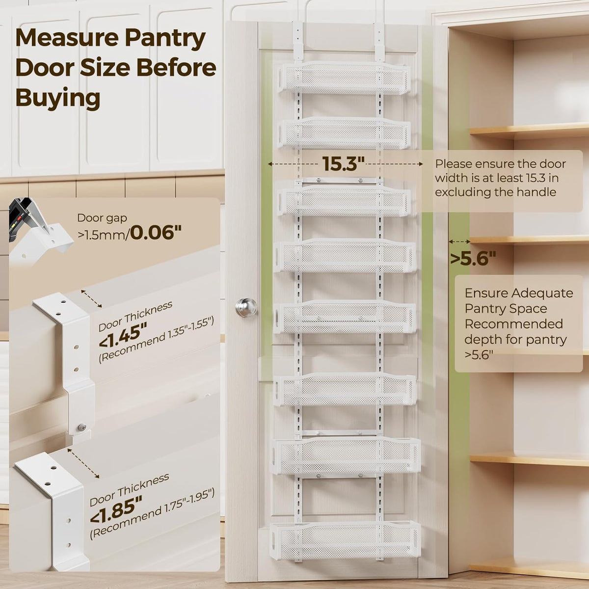 Delamu 8 Tier Over the Door Pantry Organizer, 2in1 Hanging or Wall Mount Spice Rack Seasoning, Adjustable Heavy-Duty Narrow Pantry Door Organizer and Storage for Kitchen Cabinet and Bathroom,12" White
