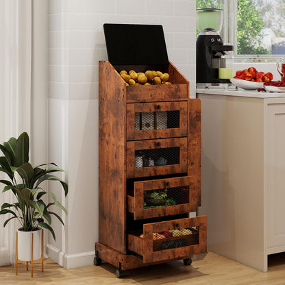 ARTETHYS Potato and Onion Storage Bin for Pantry 5-Tier Rolling Fruit and Vegetable Organizer with Spice Rack on Wheels Movable Large Bread Box Cabinet with 4 Ventilated Drawers for Kitchen, Rustic