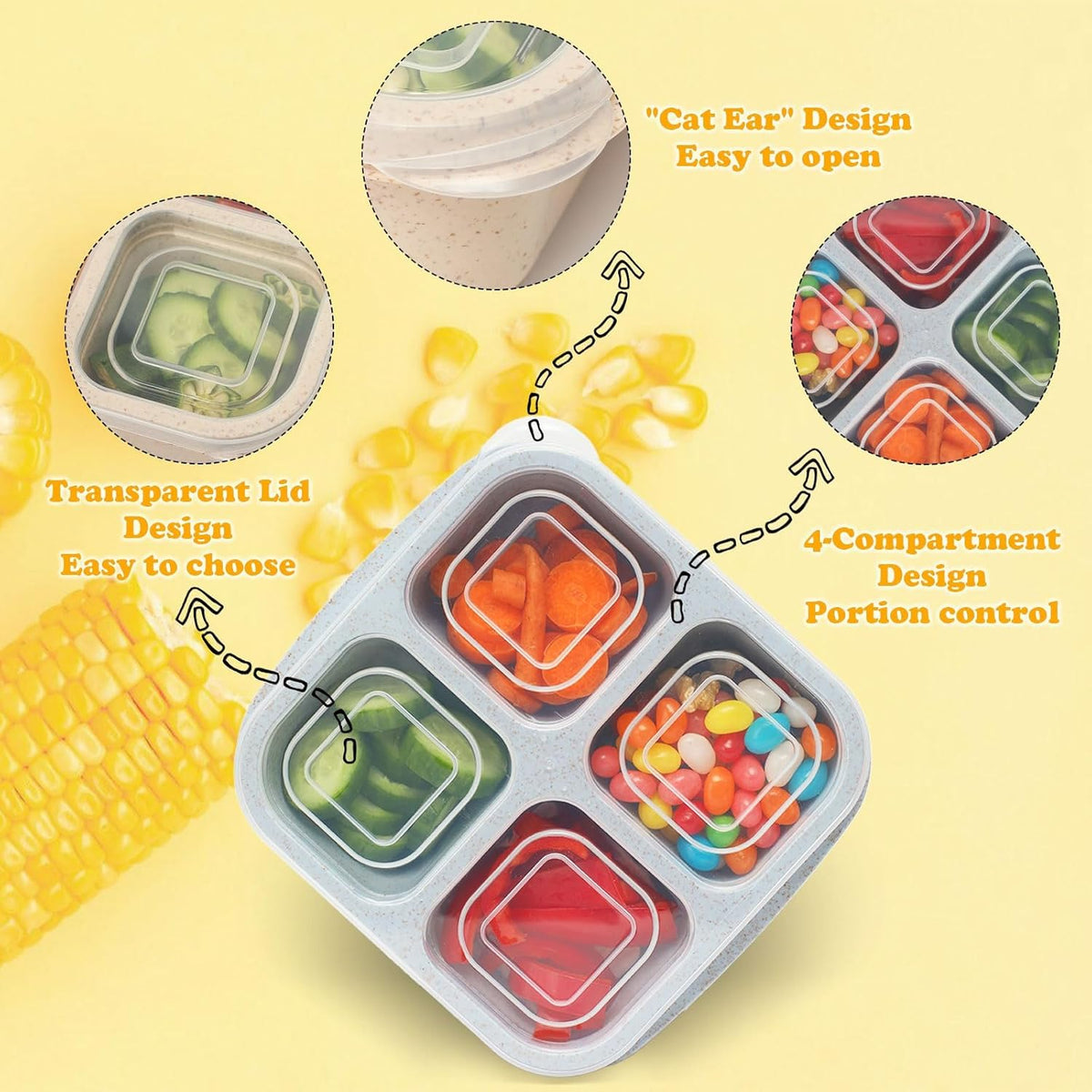 Snack Containers, 4 Compartment Snack Box Containers Bento Box, Reusable Meal Prep Lunch Containers for Adults Kids Toddler, Divided Food Containers for Travel Work School