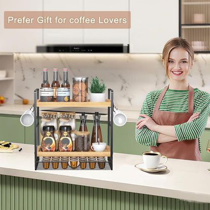 LEMIKKLE 2-Tier Coffee Bar Organizer With Basket,Wooden Counter Shelf for Coffee Bar Accessories,Kitchen Spice Rack Organizer for Countertop-Brown