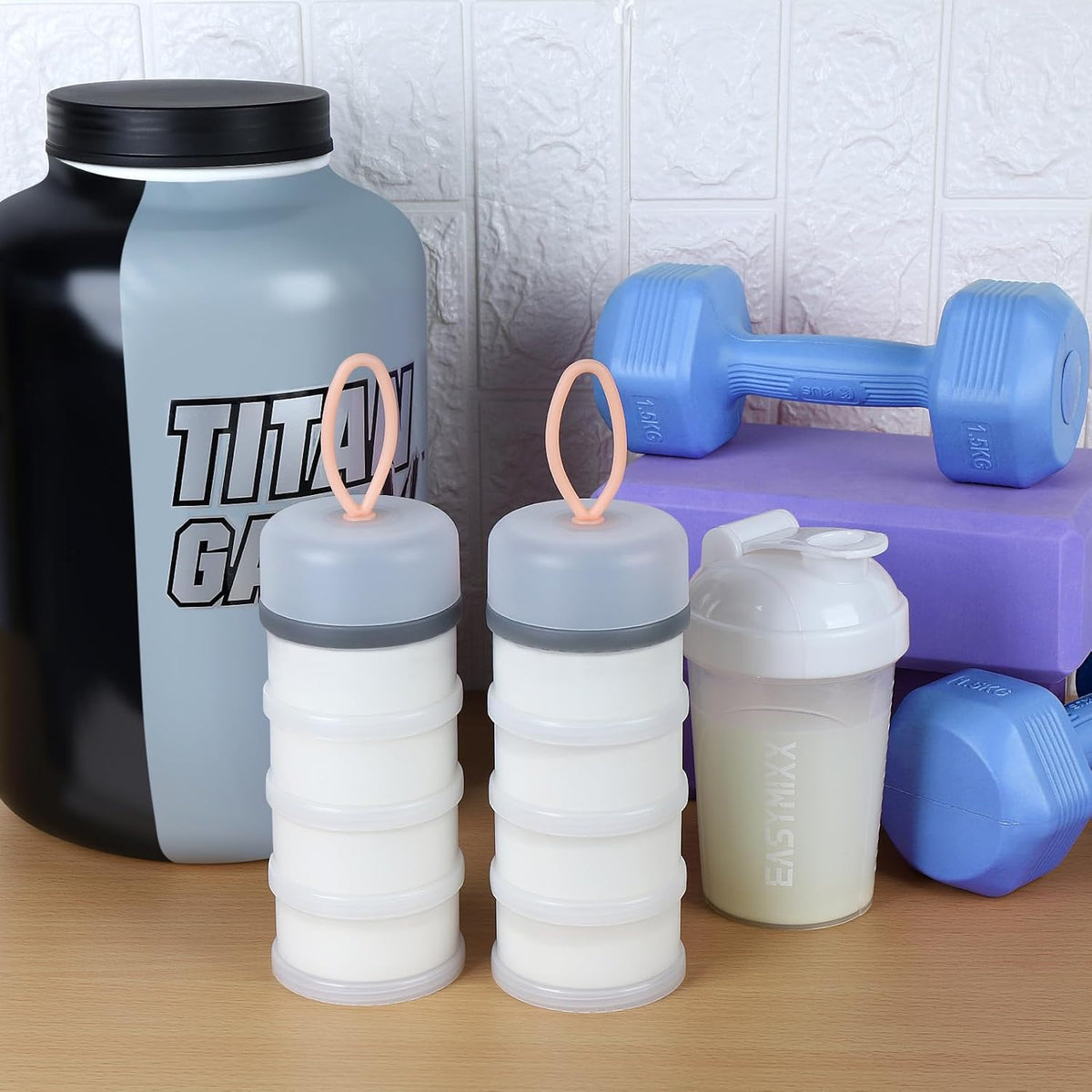Accmor Protein Powder Container to Go with Funnels Stand, 4 Compartments Stackable Protein Powder Dispenser for Workout, Fitness, Travel
