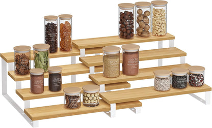 SONGMICS Display Risers, Set of 2 Engineered Wood Perfume Organizer Stand, 4-Tier Cupcake Stand Holder, Spice Rack, Shelf Risers for Figures, Dessert Shelves, Natural Beige and Cloud White UKCS216N02