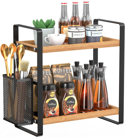 LEMIKKLE 2-Tier Coffee Bar Organizer With Basket,Wooden Counter Shelf for Coffee Bar Accessories,Kitchen Spice Rack Organizer for Countertop-Brown