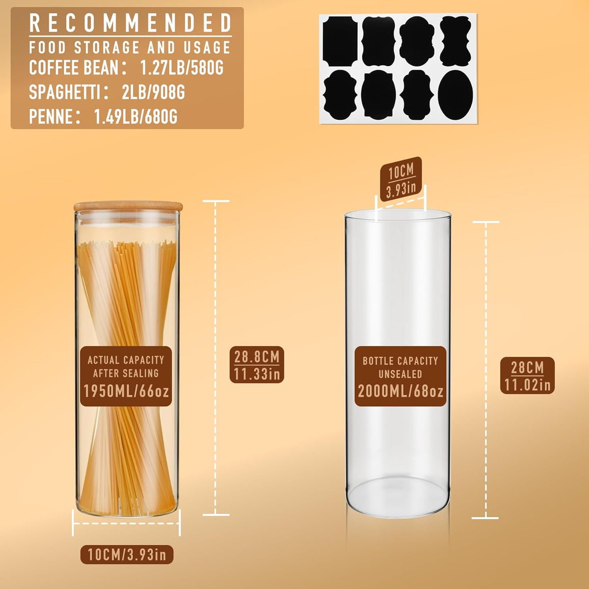 D2scrma 22oz Straight cylindrical Airtight Storage Jars with Bamboo Lid Set of 6 Storage Container Stackable Spice Jar, Kitchen Canister for Sugar, Tea, Cookies and Coffee beans (with Black Lable)