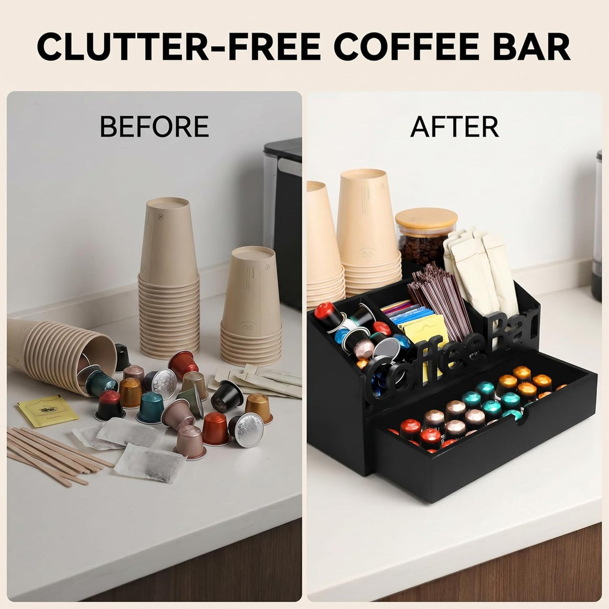Coffee Bar Organizer for Countertop – Wooden Coffee Caddy with Compartments for Pods, Sugar Packets, and Accessories – Coffee Condiment Station Storage for Home and Office (Black)