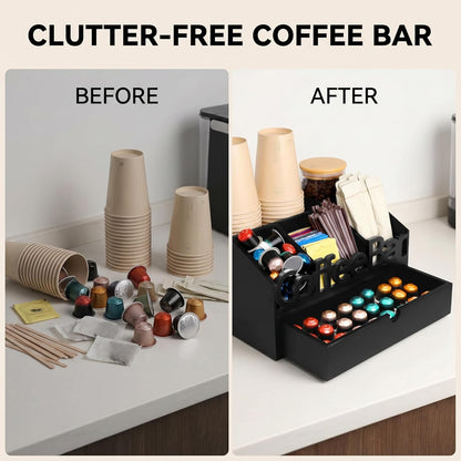 Coffee Bar Organizer for Countertop – Wooden Coffee Caddy with Compartments for Pods, Sugar Packets, and Accessories – Coffee Condiment Station Storage for Home and Office (Black)