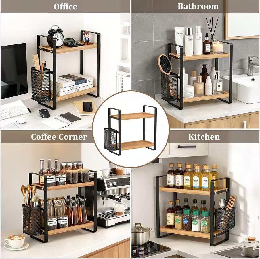 LEMIKKLE 2-Tier Coffee Bar Organizer With Basket,Wooden Counter Shelf for Coffee Bar Accessories,Kitchen Spice Rack Organizer for Countertop-Brown