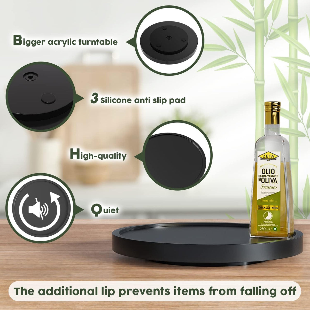 Lazy Susan Organizer, 10 Inch Non-Skid Bamboo Turntable Organizer for Salt Pepper Olive Oil and Spices Next to Stove, Wooden Lazy Susan for Table or Kitchen Countertop Organizer