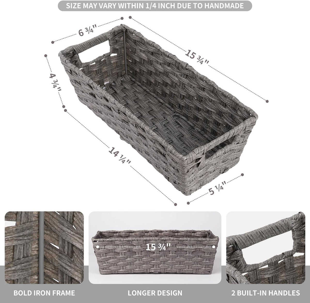 Onlytak Large Wicker Storage Basket, Metal Frame, Set of 2, Washable Waterproof, 15" x 10.3" x 5.2", Brown Color, Woven Basket for Pantry, Toilet, Bathroom, Bedroom, Patio