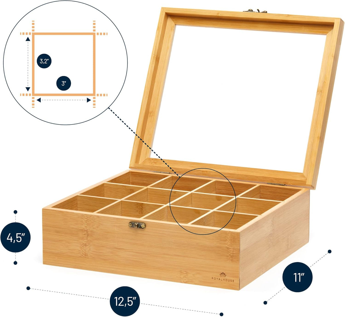 RoyalHouse Big Natural Bamboo Tea Storage Organizer with Clear Acrylic Top Window, 8 Compartments Eco-Friendly Tea Bag Holder, Multi-Functional Storage Box