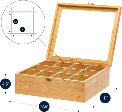 RoyalHouse Big Natural Bamboo Tea Storage Organizer with Clear Acrylic Top Window, 8 Compartments Eco-Friendly Tea Bag Holder, Multi-Functional Storage Box
