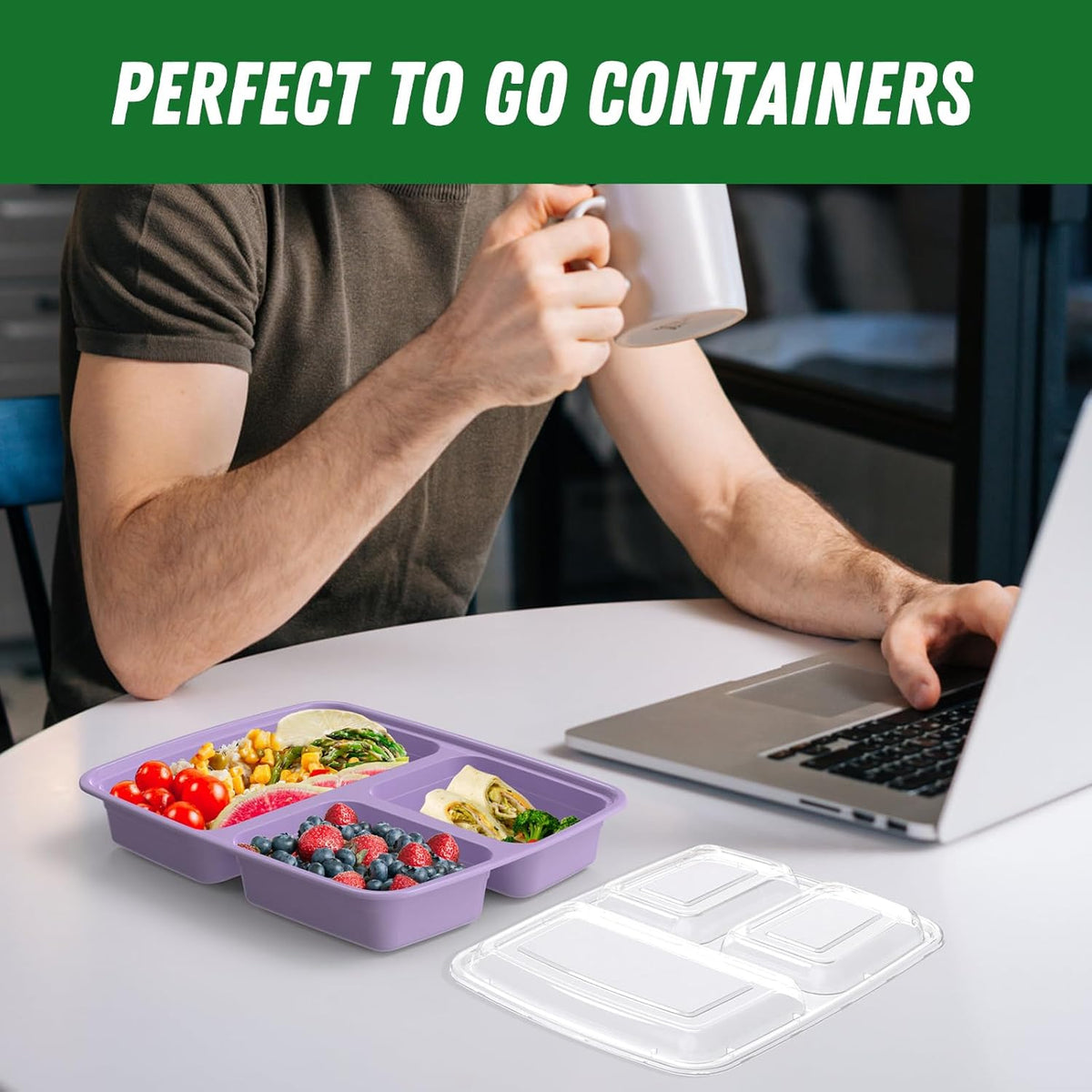 50 Pack (100-Piece) 32 oz Meal Prep Containers Reusable with Lids 3-Compartment, To Go Take Out Plastic Food Storage Containers, Sturdy Leakproof Food Safe, Microwave Freezer Dishwasher Safe, Black