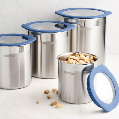 Tramontina 4-Piece Food Storage Containers with Silicone Lids, Stainless Steel Reusable Canister Set, Kitchen Pantry Organizer for Oats, Flour, Cereal, Sugar, Snacks (Blue)