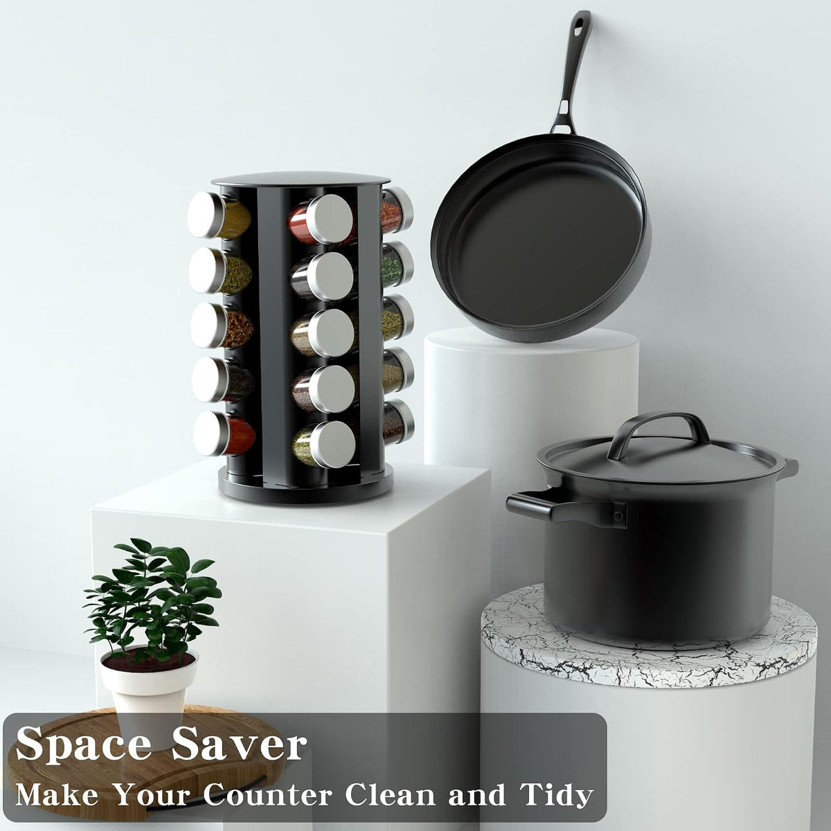 Handisen Rotating Spice Rack Organizer for Cabinet, Spice Racks Storage with 20 Jars, Spinning Spice rack for Kitchen Countertop, Spice Holder,Seasoing Storage Racks, Black