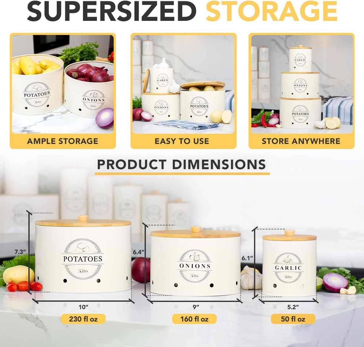 Kito LIVING Canister Sets for Kitchen Counter with Wooden Bamboo Lids, Kitchen Canisters for Countertop, Stackable Steel Farmhouse Canisters for Potato Storage, Onion and Potato Storage Bins - Cream