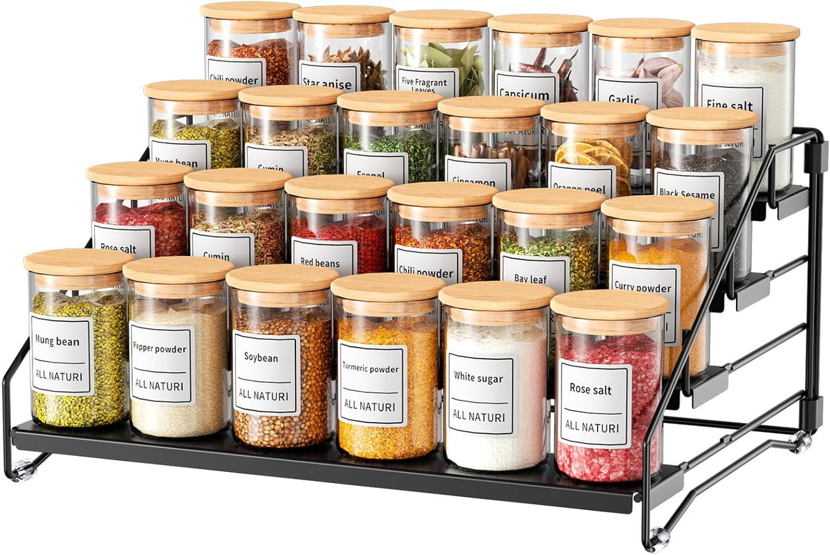 RCHYFEED Spice Rack Organizer for Cabinet Pantry,4 Tier Spice Rack Countertop, Depth Adjustable Spice Organization for Cabinet,Tierd Seasoning Organizer for Cabinet(Black) | for Cabinet Pantry