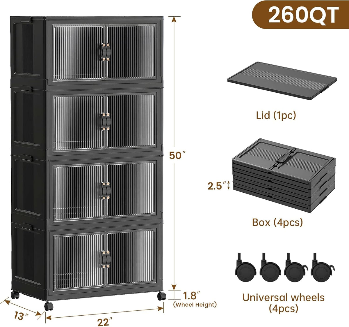 SAILUN 145Gal/580Qt Stackable Storage Bins Folding Collapsible Storage Bins with a Lid, Closet Organizers and Storage,White 26" W x 17" D x 71" H