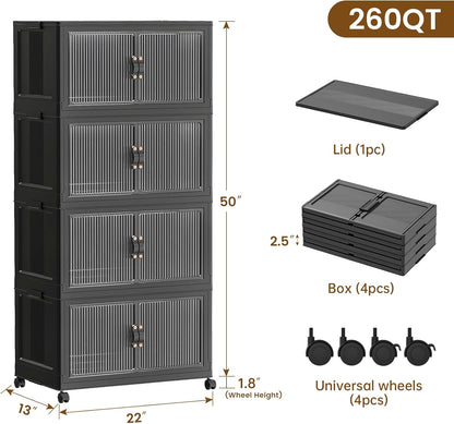 SAILUN 145Gal/580Qt Stackable Storage Bins Folding Collapsible Storage Bins with a Lid, Closet Organizers and Storage,White 26" W x 17" D x 71" H