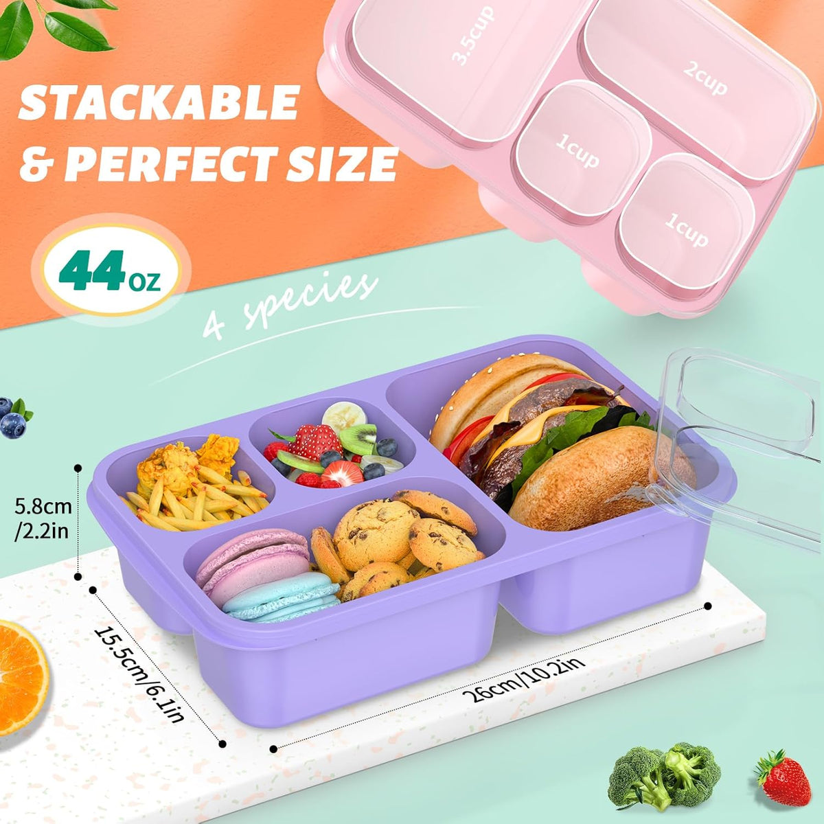 Bento Box Adult Lunch Box - 4 Pack, 5 - Compartment Meal Prep Container for Kids, Reusable Food Storage Snack Containers - Stackable for School, Work, and Travel (Wheat(Green/Blue/Pink/Beige))