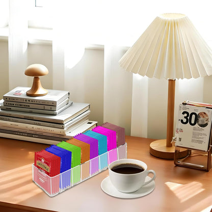 Acrylic Tea Bag Organizer, Clear Small Tea Packet Storage Box Clear Holder with 8 Slot, for Drawer, Countertop, Pantry, Kitchen, Cabinet, Shelf, 1 Pack (Removable partition)