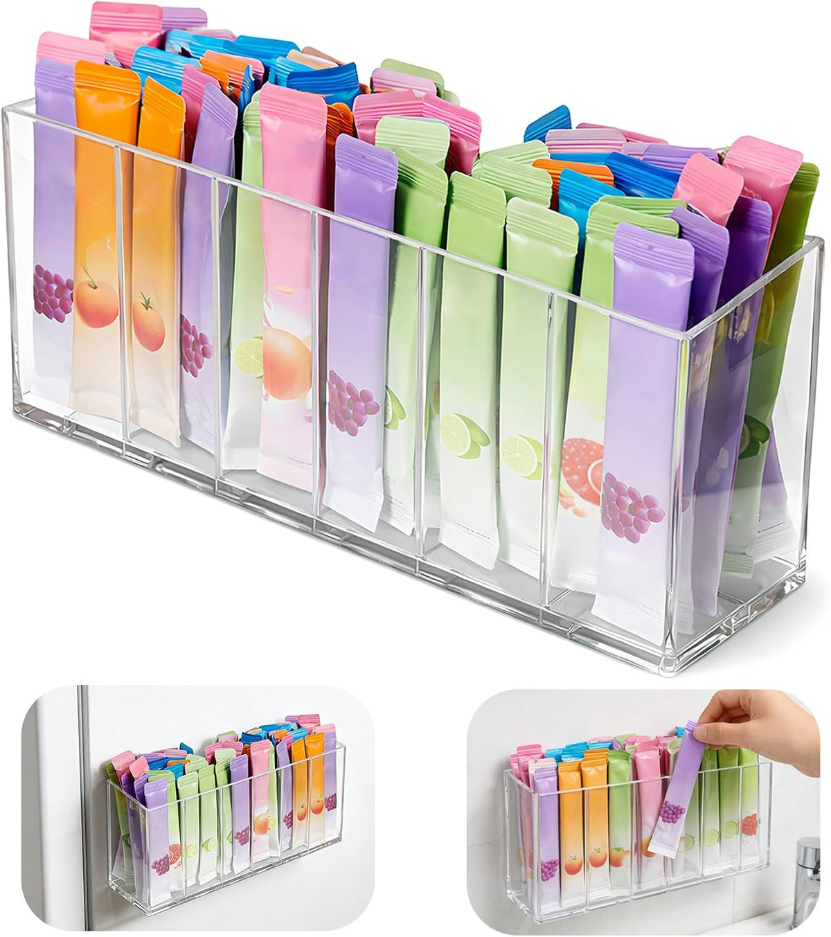 Drink Packet Organizer, Mounted Water Packet Organizer Holder with Magnetic and Adhesive Sticker, Kitchen Pantry Organizer Storage for Fridge Cabinet Countertop