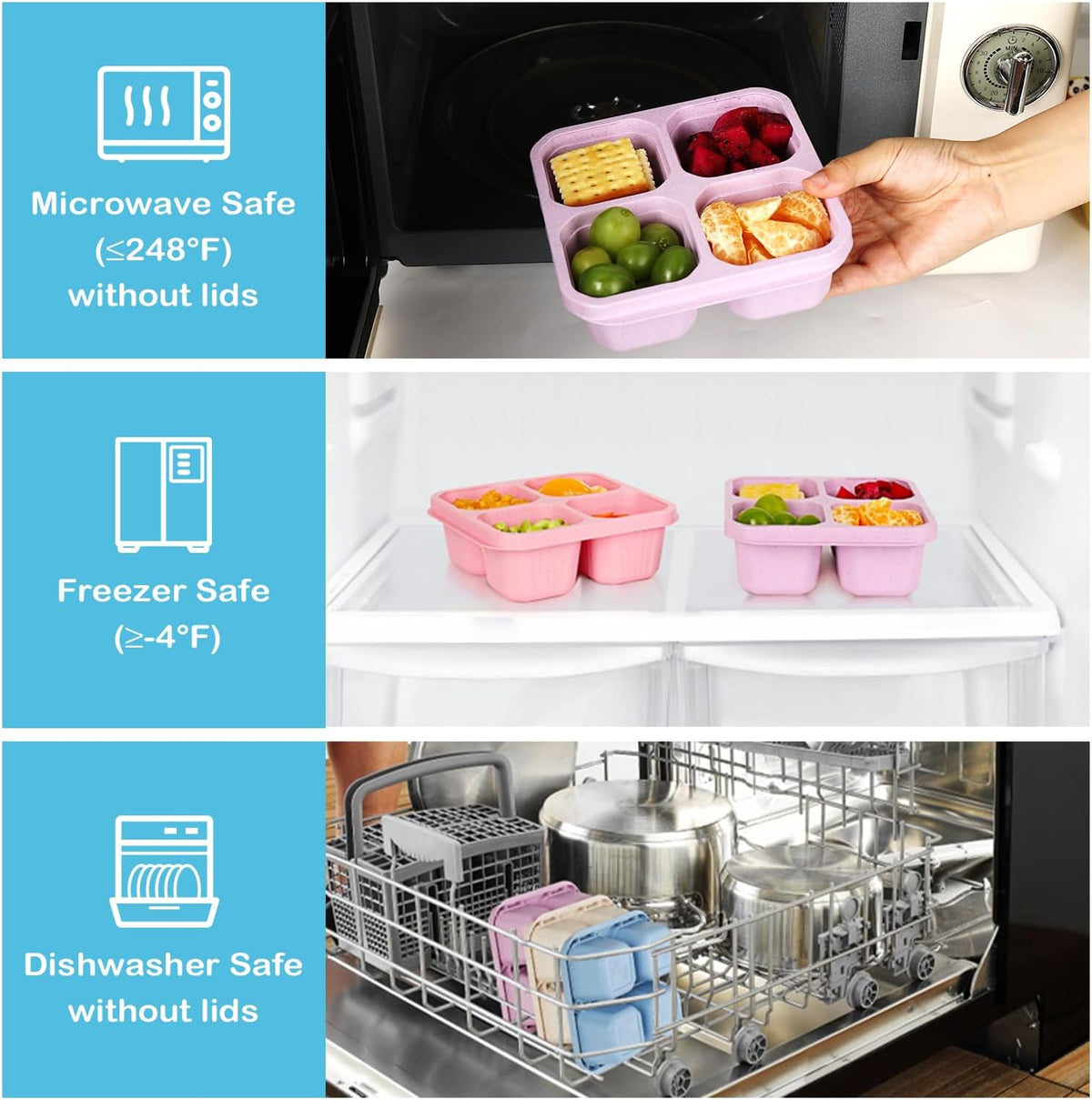 6 Pack Bento Box, 4 Compartment Lunchable Snack Containers with Lids for Meal Prep, School, Travel, Reusable Divided Lunch Food Container for Adults, Kids, Toddlers