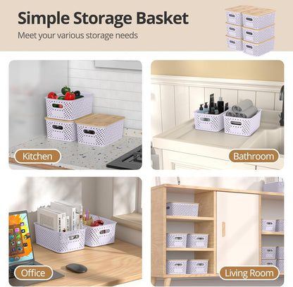 Plastic Storage Bins with Bamboo Lids, Stackable Small Box Baskets for Organizing and Containers for Shelves Drawers Desktop Closet Pantry Classroom Office Home, 6 Pack 10.2x7.2x4.1 Inch, Black
