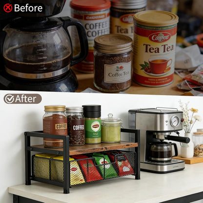 Tea Bag Organizer - 13"×7.9"×6.4" Wooden Tea Bag Holder with 8-Compartment Pull-Out Metal Mesh Drawer, Anti-Fall Guardrail Teabag Organizers and Storage Chest for Kitchen & Desk Countertop