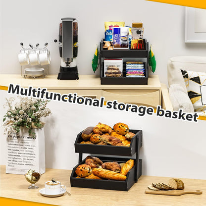 Gmtsl Bamboo Fruit Basket for Kitchen – 3 Tier Fruit Bowl For Kitchen Counter, Large Fruit Holder With 2 Banana Hangers, Idea For Fruit and Vegetable Storage, Bread Basket, Snack Organizer(BLACK)