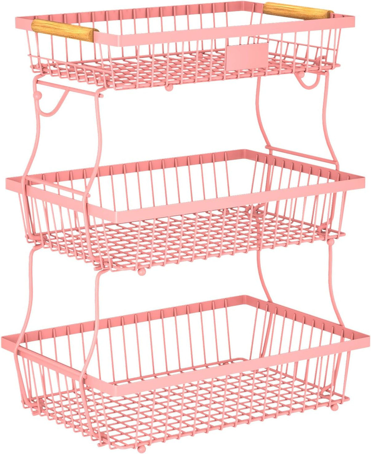 2 Tier Fruit Basket for Kitchen Counter with 2 Banana Hangers, Countertop Metal Bread Basket with Wooden Handle, Large Storage Stand for Vegetables, Snacks, Eggs, Produce Storage – Black