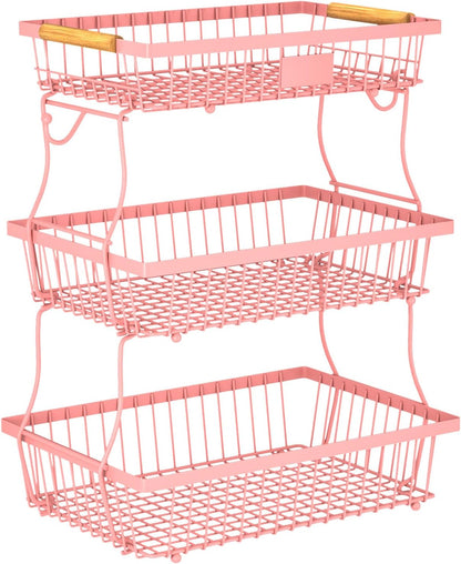 2 Tier Fruit Basket for Kitchen Counter with 2 Banana Hangers, Countertop Metal Bread Basket with Wooden Handle, Large Storage Stand for Vegetables, Snacks, Eggs, Produce Storage – Black