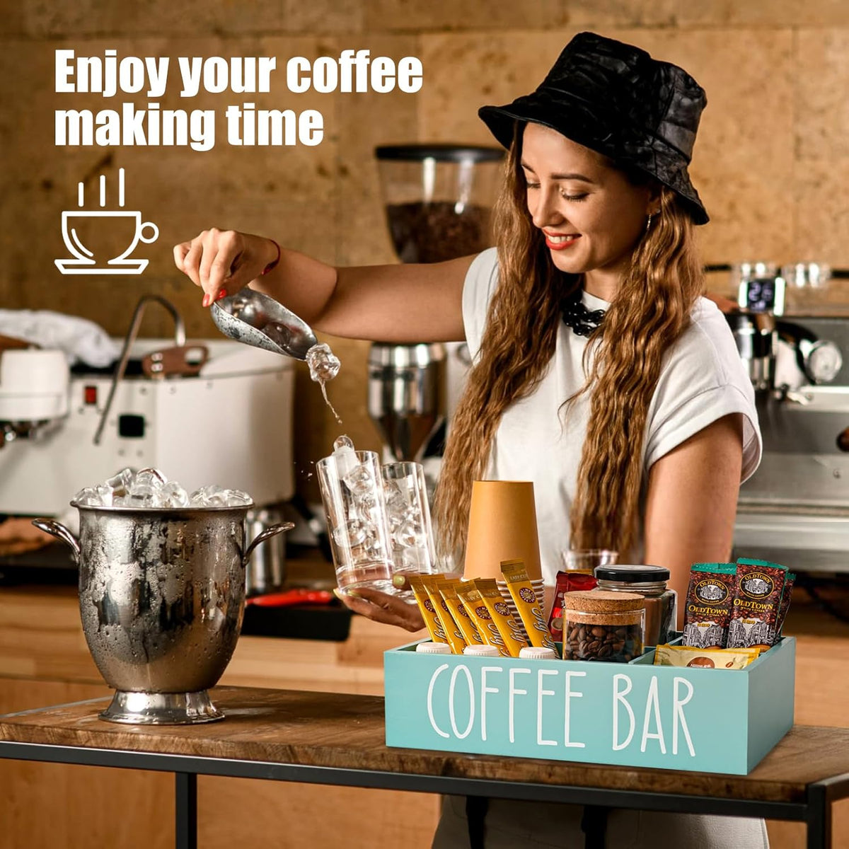 STORAGENIE Wooden Coffee Station Organizer – Removable Dividers, Storage for Coffee Pods, Tea Bags & Accessories, Oasis Blue (11.8" x 7.87" x 3.15")