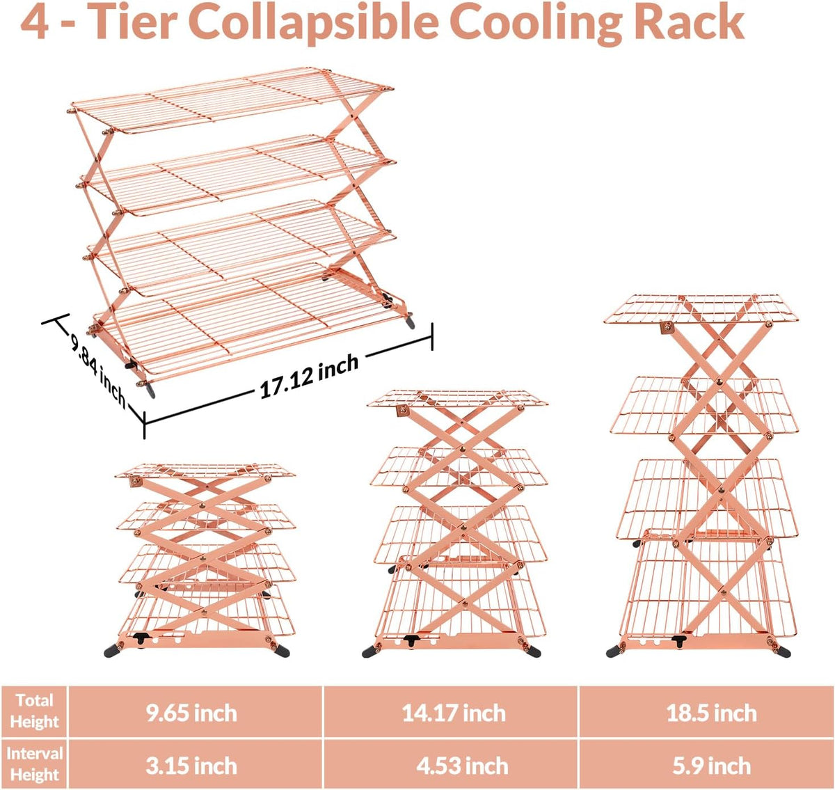 Geesta 2/3/4-Tier Upgraded Collapsible Cooling Rack with Adjustable 3 Setting Design Stackable Roasting Cooking Drying Wire Cooling Rack for Cookies Baking Gifts for Women