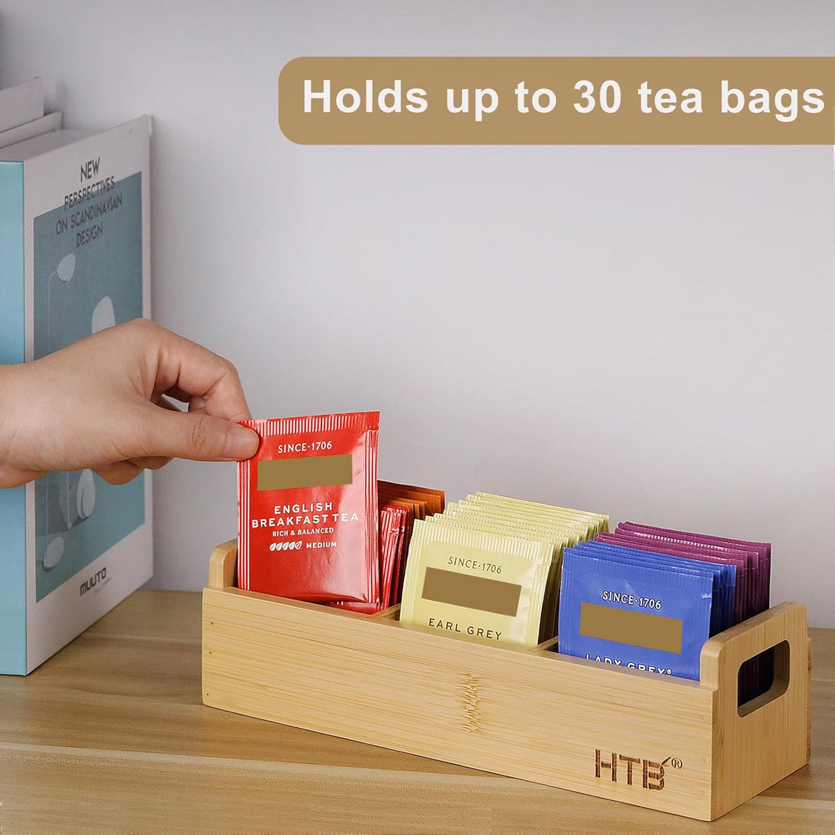 HTB Small Tea Bag Box Wooden, 3 Compartments Acacia Wood Tea Bag Chest with Handle, Mini Countertop Divided Storage Container for Beverage Supplies, Sugar, Sweeteners, Individual Packets